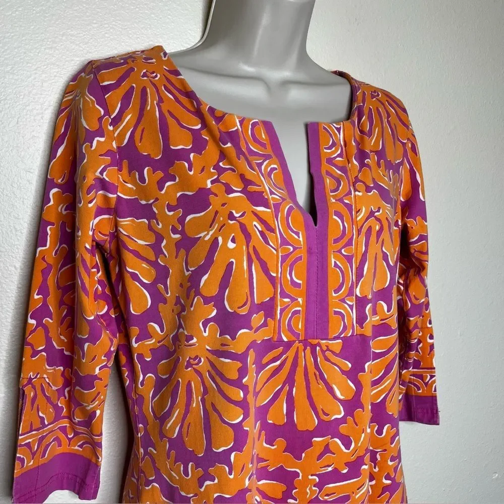 Barbara Gerwit Orange Pink Coral Print Tunic Shift Dress 3/4 Sleeve Women Medium